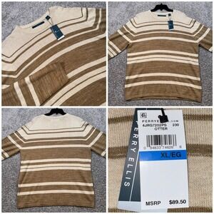 Perry Ellis Striped Sweater Mens XL Otter Brown Beige Linen Blend Soft NEW $89